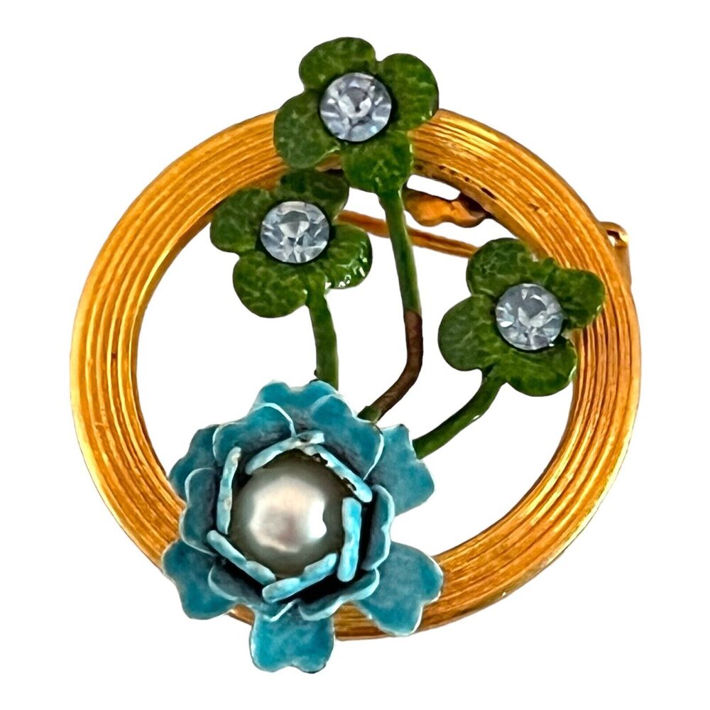 Vintage 1960s Floral Brooch Enamel Pearl Crystal Gold Tone Mid Century - 3K
